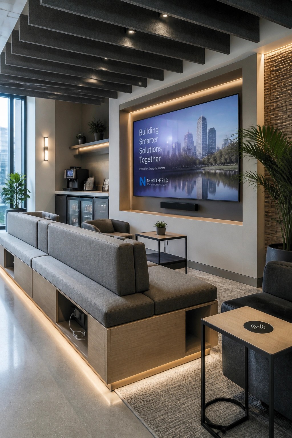 A modern office lounge with a long gray sectional sofa facing a large wall-mounted screen showing a city skyline and company branding, with a coffee station and side tables nearby.