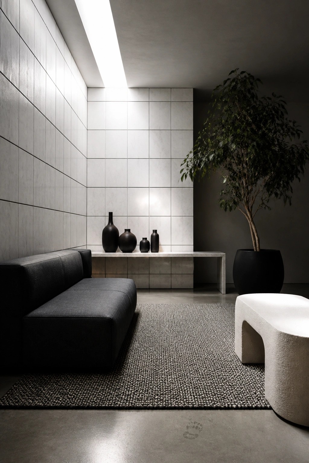 A modern interior space with a dark gray modular sofa on a textured rug, a white stone bench, a large potted tree in a black planter, and a concrete ledge holding four dark vases against a white tiled wall.