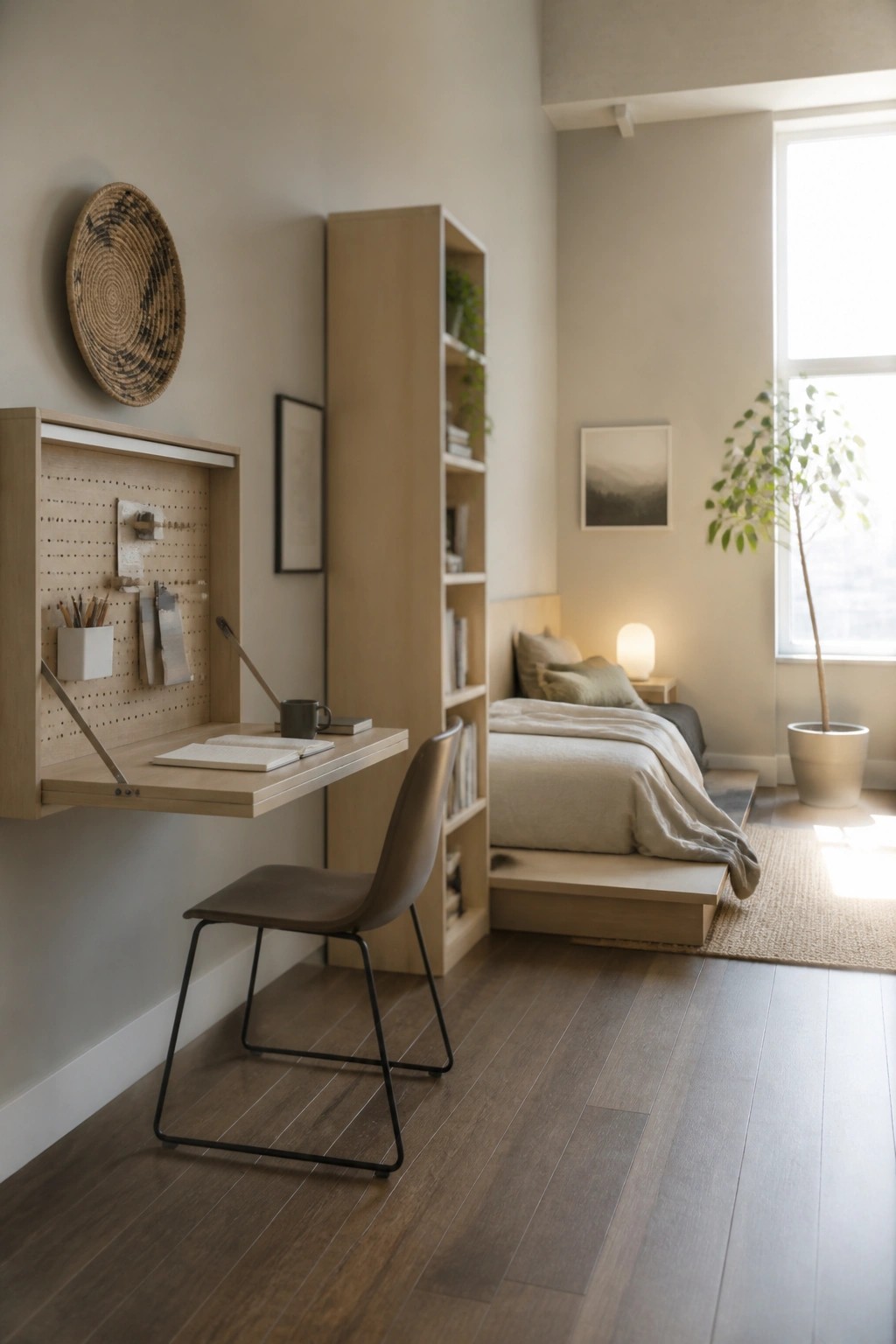 Minimalist bedroom with wall-mounted wooden desk, chair, bed, and sunlit window