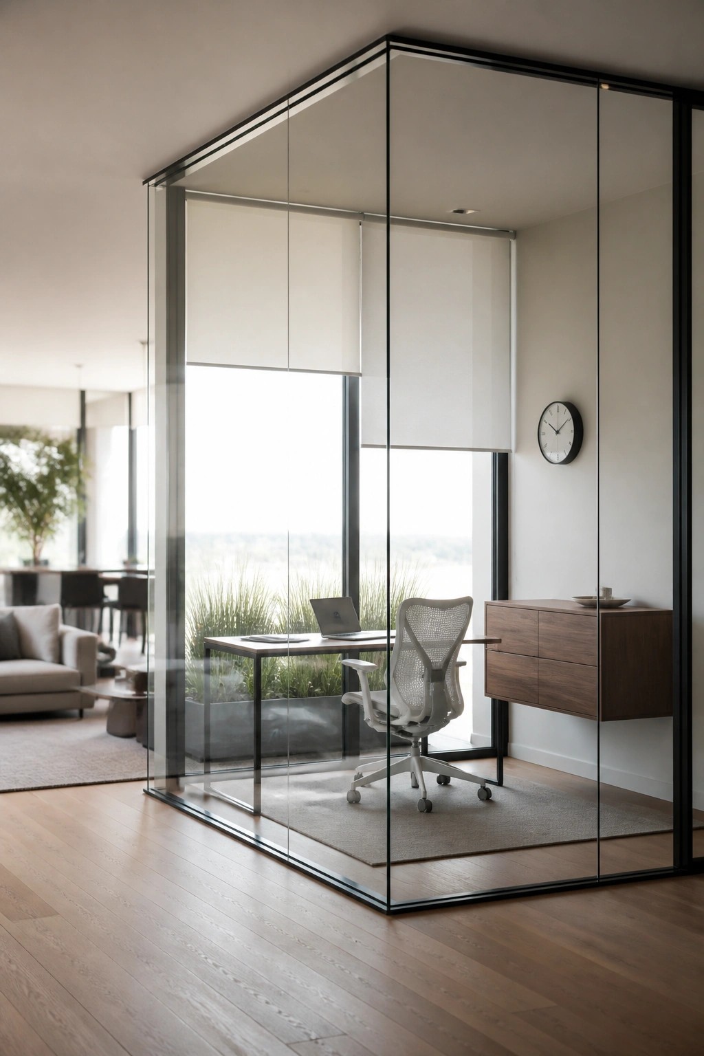 A glass-enclosed home office with a wooden desk, white ergonomic chair, laptop, and floating wood cabinet inside a larger living space.
