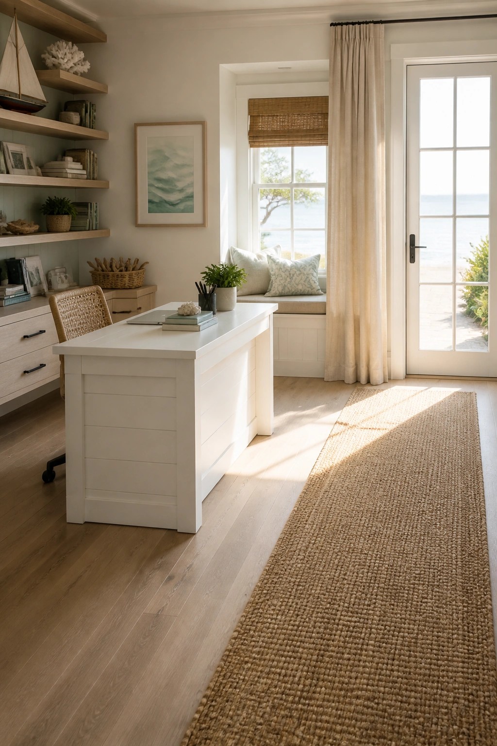 A bright home office with a large white desk, woven chair, open wall shelves, a cushioned window seat, and a glass door leading outside to the water.