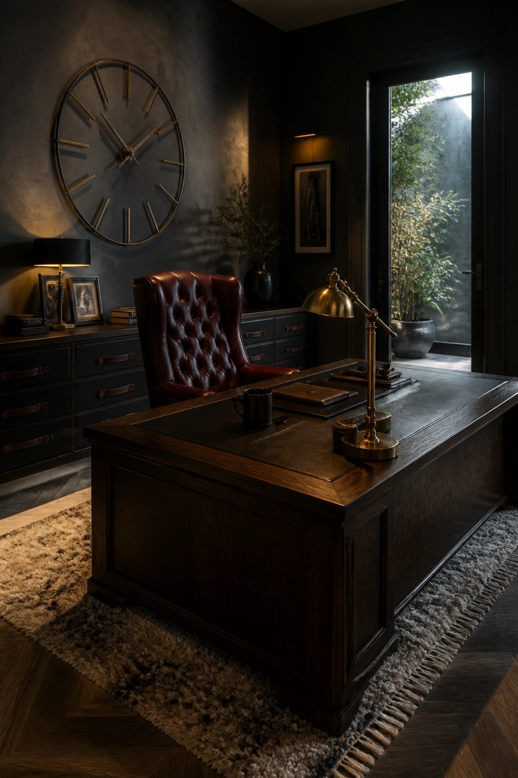 Dark moody office with wooden desk, red leather chair, brass lamp, and large wall clock
