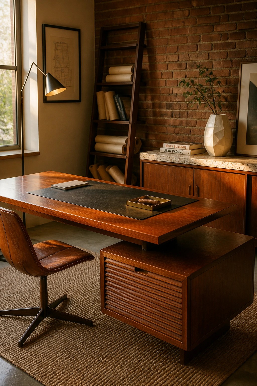 A wooden executive desk with a leather swivel chair positioned in front of a brick wall, with a ribbed wooden storage cabinet placed beneath the desk overhang.