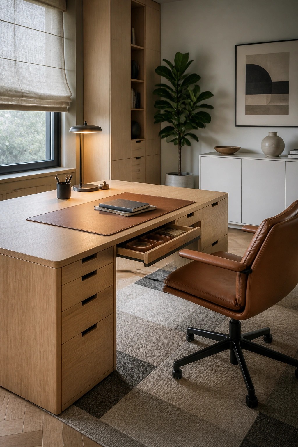 A light wood executive desk with an open pull-out drawer showing divided compartments, a brown leather desk pad and notebook on top, and a brown leather office chair in front.