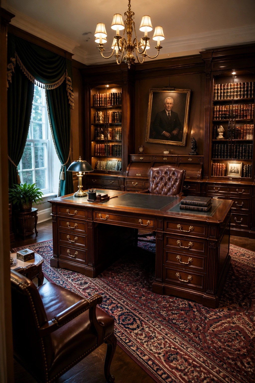 Classic dark wood office with leather desk chair, bookshelves, chandelier, and portrait.