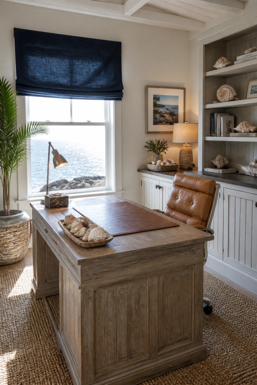 A wooden desk with a leather blotter sits in a home office with built-in shelving, a leather chair, and a window overlooking the water.