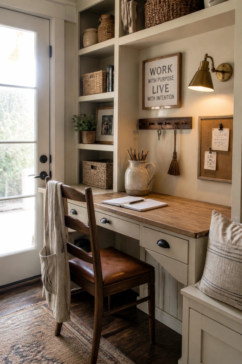 A compact home office nook with a wooden desk, built-in white shelves holding baskets and books, a brown leather chair, and a brass wall sconce.