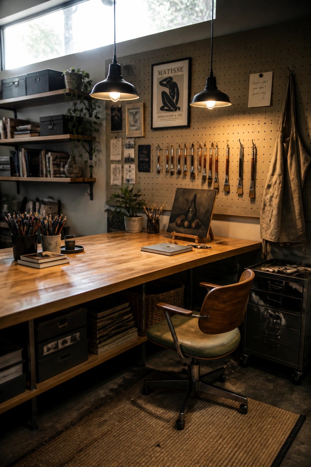 A wooden desk with two black pendant lights above it, a pegboard wall holding paintbrushes and a Matisse print, and tidy shelves on the left side.