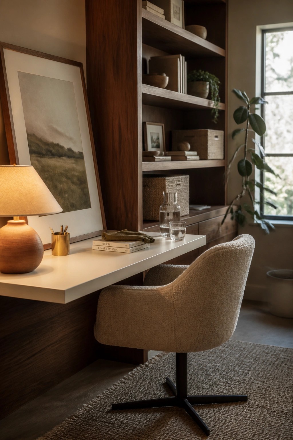A home office with a white floating desk mounted under dark wood built-in shelves, a beige upholstered swivel chair, a lit wooden table lamp, and framed art leaning against the wall.