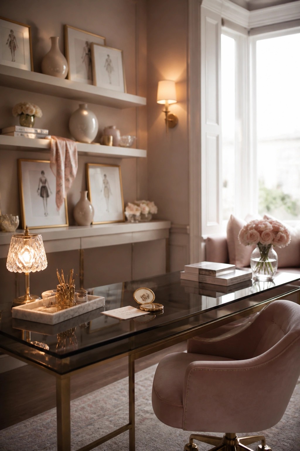 A home office interior showing white floating shelves with framed sketches and ceramic vases above a glass desk, lit by a wall sconce and a crystal table lamp.