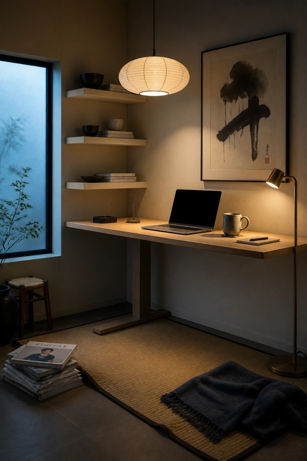 A minimalist home office corner with a wooden desk, laptop, floating white shelves holding books and bowls, a hanging paper lantern, a floor lamp, and a large framed ink artwork on the wall.