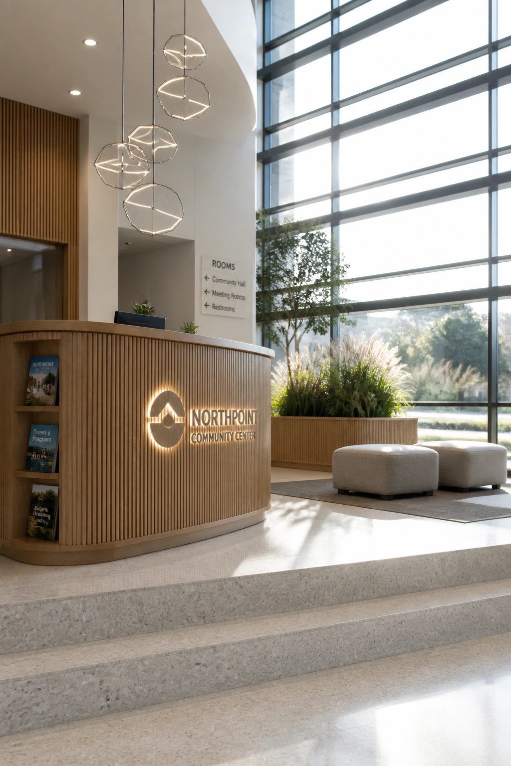 A curved wooden reception desk with integrated shelving and a backlit logo in a bright lobby with large windows and hanging pendant lights.