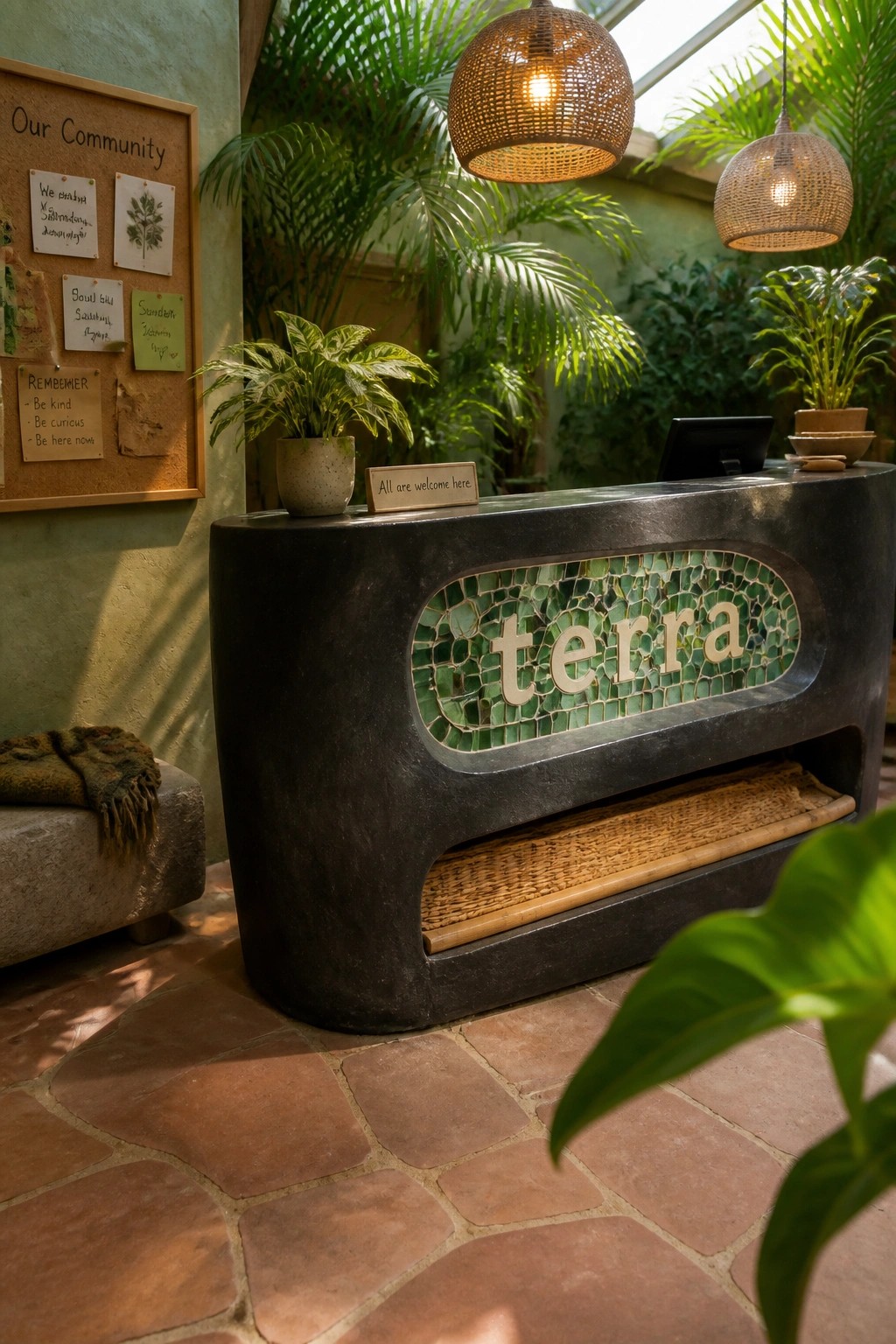 A dark curved reception desk with a green mosaic tile panel spelling terra, placed in a plant-filled indoor lobby with woven pendant lights overhead.