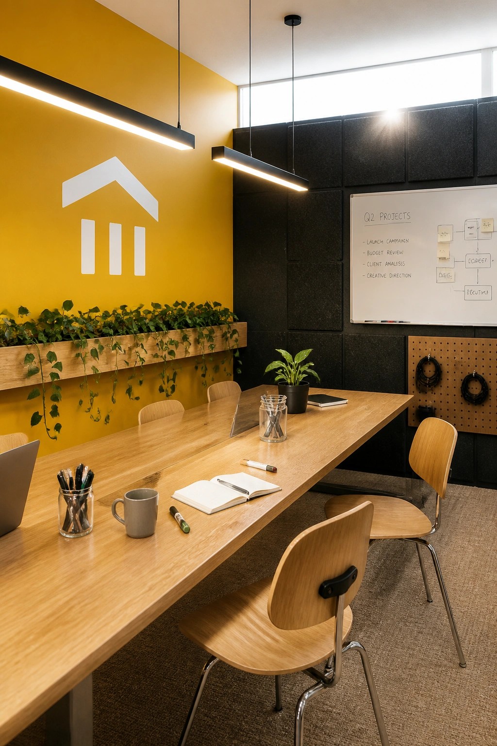 A modern office conference room featuring a long wooden table with chairs, a bright yellow accent wall with a white logo, a whiteboard with notes, and black pendant lights.