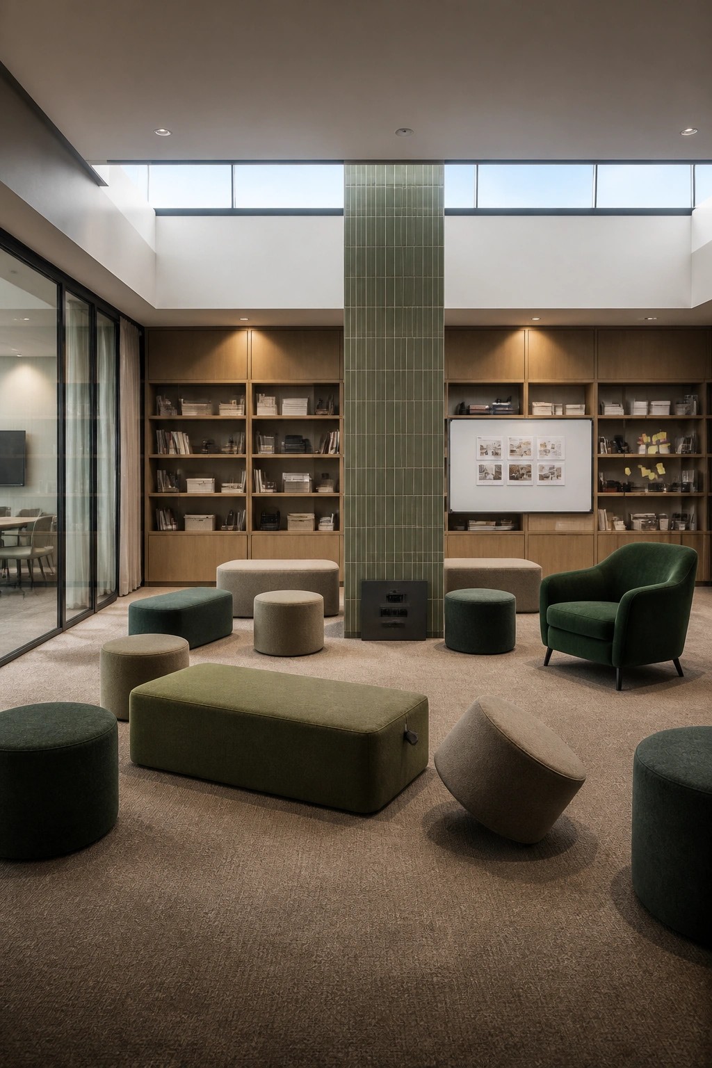 Modern office lounge with built-in wooden shelving, a green tiled column, and scattered green and beige upholstered ottomans and chairs on carpet.