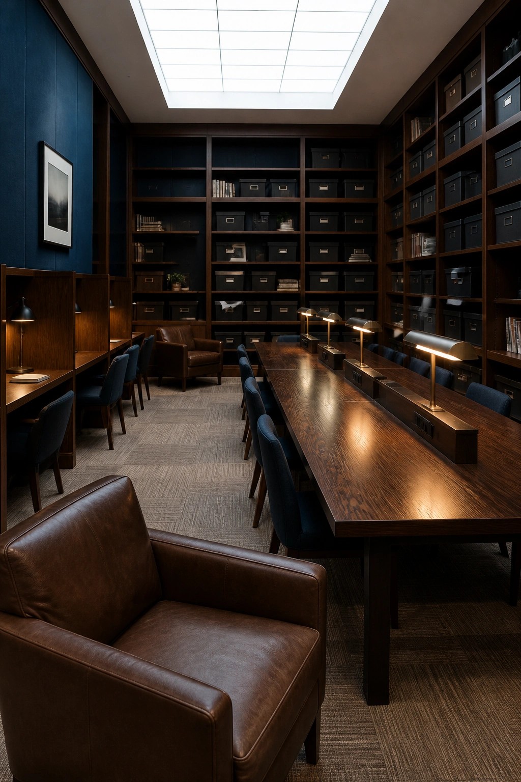 A long wooden table with individual desk lamps and blue chairs sits in a room lined with dark wood bookshelves holding storage boxes.