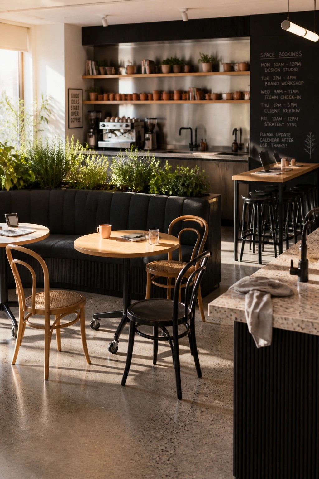 A modern office interior featuring a curved black booth, round wooden tables with mixed chairs, bar stools at a counter, green plants along a window, and a chalkboard listing space bookings.