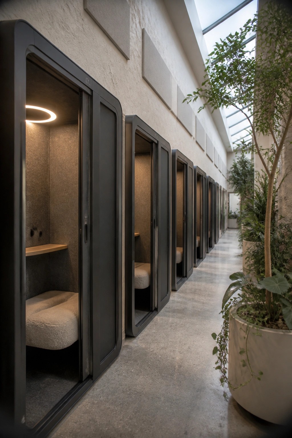 A hallway lined with multiple dark-framed privacy pods containing beige cushioned seating and small shelves.