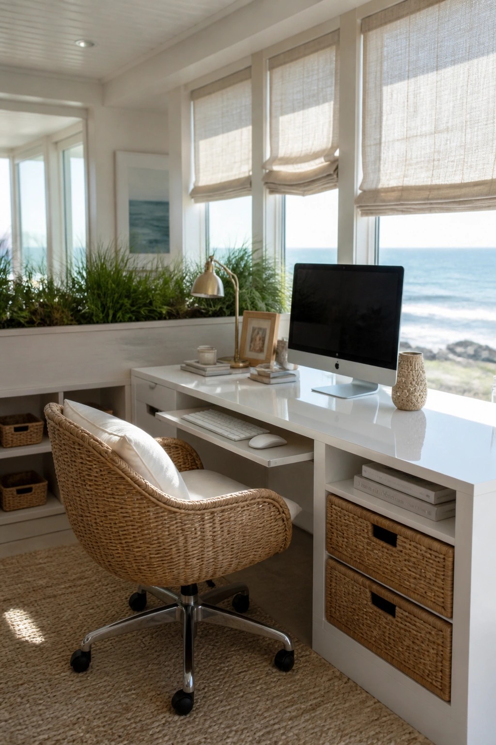 A white modern desk with open lower shelves holding woven baskets, a computer monitor, keyboard, and office chair in front of large windows.