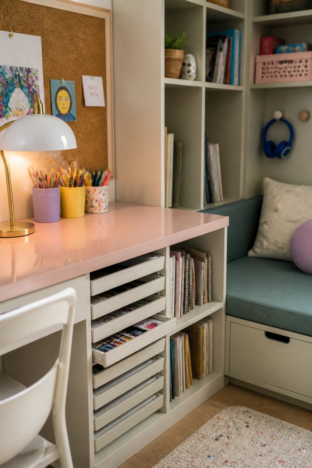 A white desk with a pink top features multiple shallow drawers holding art supplies, positioned beside built-in shelving and a teal bench seat.
