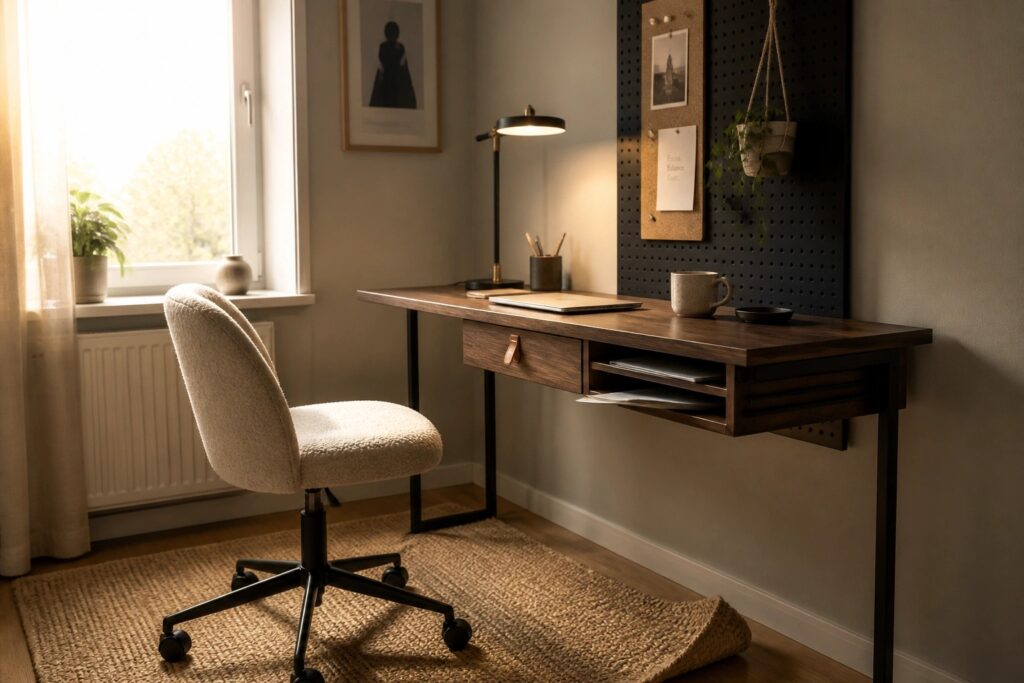 A modern wooden desk with black metal legs features two hanging wooden trays underneath for storage, positioned on a woven rug next to a window with a white office chair.