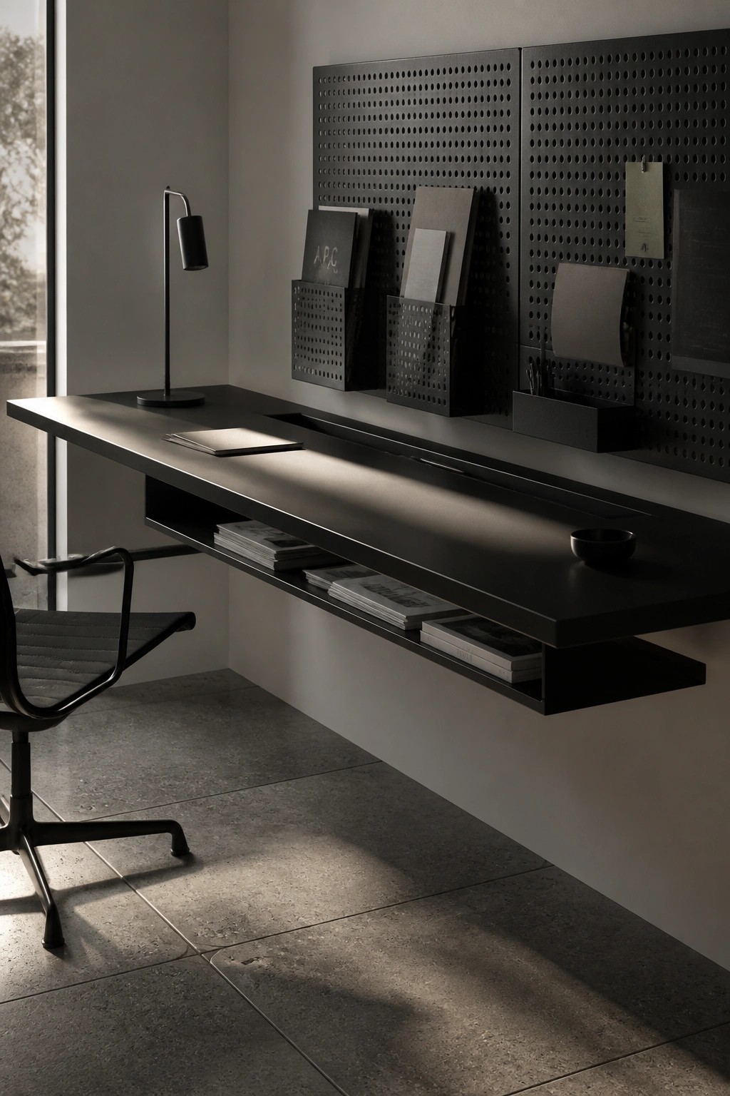 A black floating desk with under-shelf storage mounted on a wall with black pegboard panels and organizers in a minimalist office.