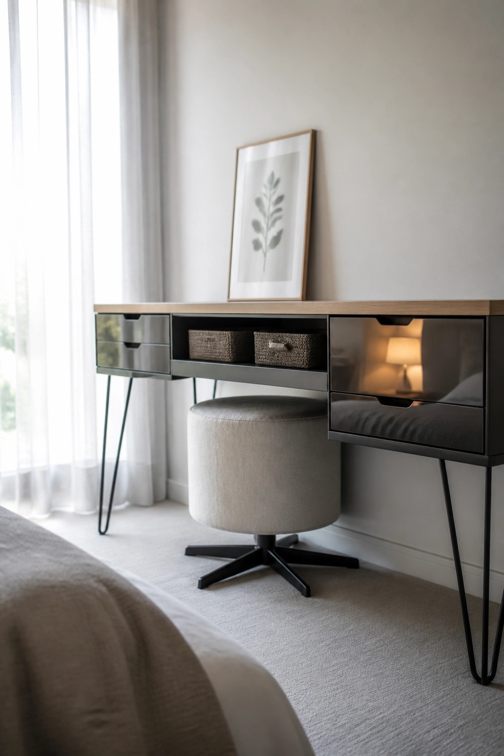 A modern desk with black drawers, open compartments holding woven baskets, and thin metal legs, positioned next to a round upholstered stool in a light room.