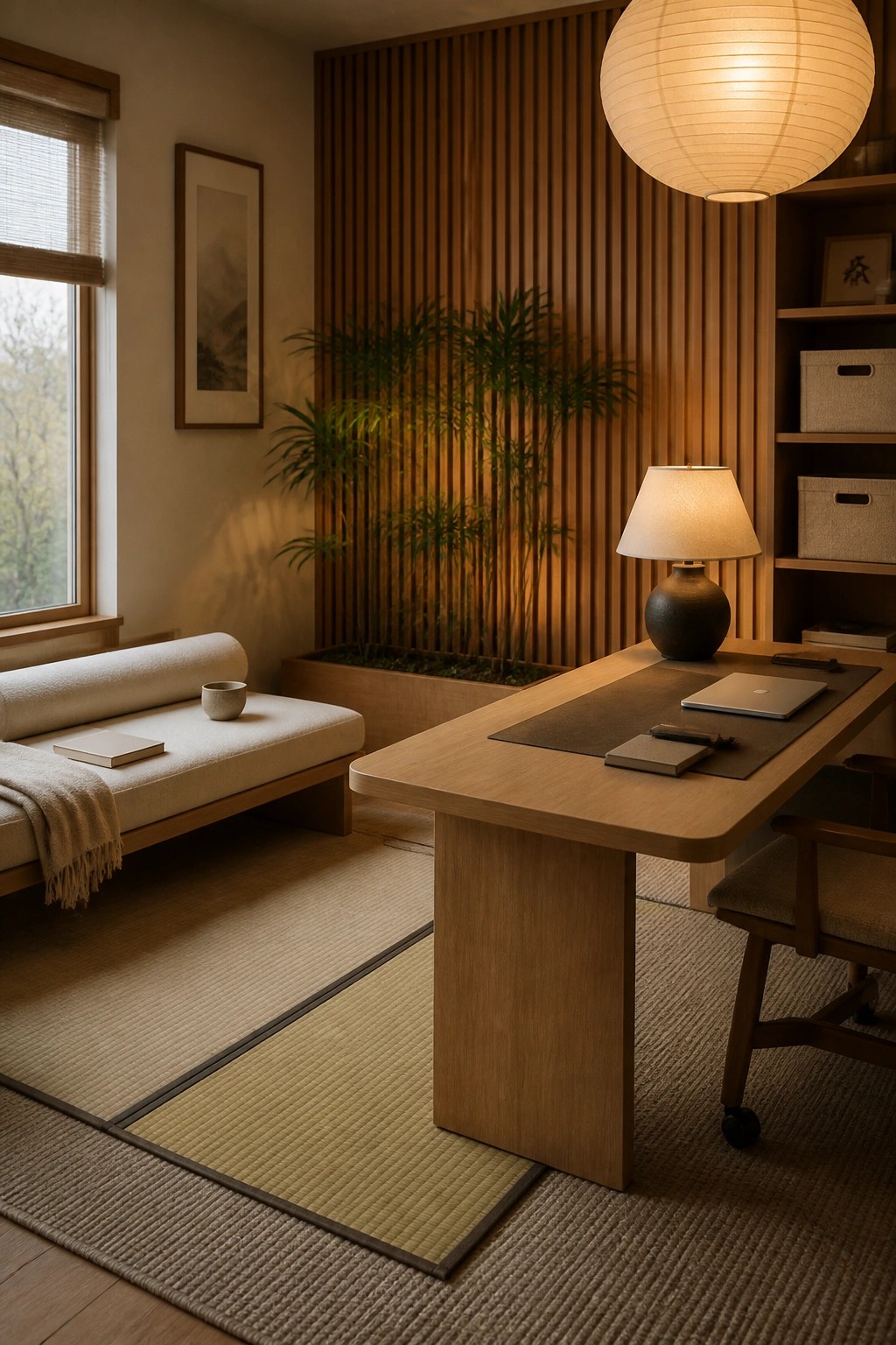 A home office with a wooden desk, a cushioned bench holding a small bowl and book, a large paper lantern overhead, and potted plants set against a vertical wood slat wall.