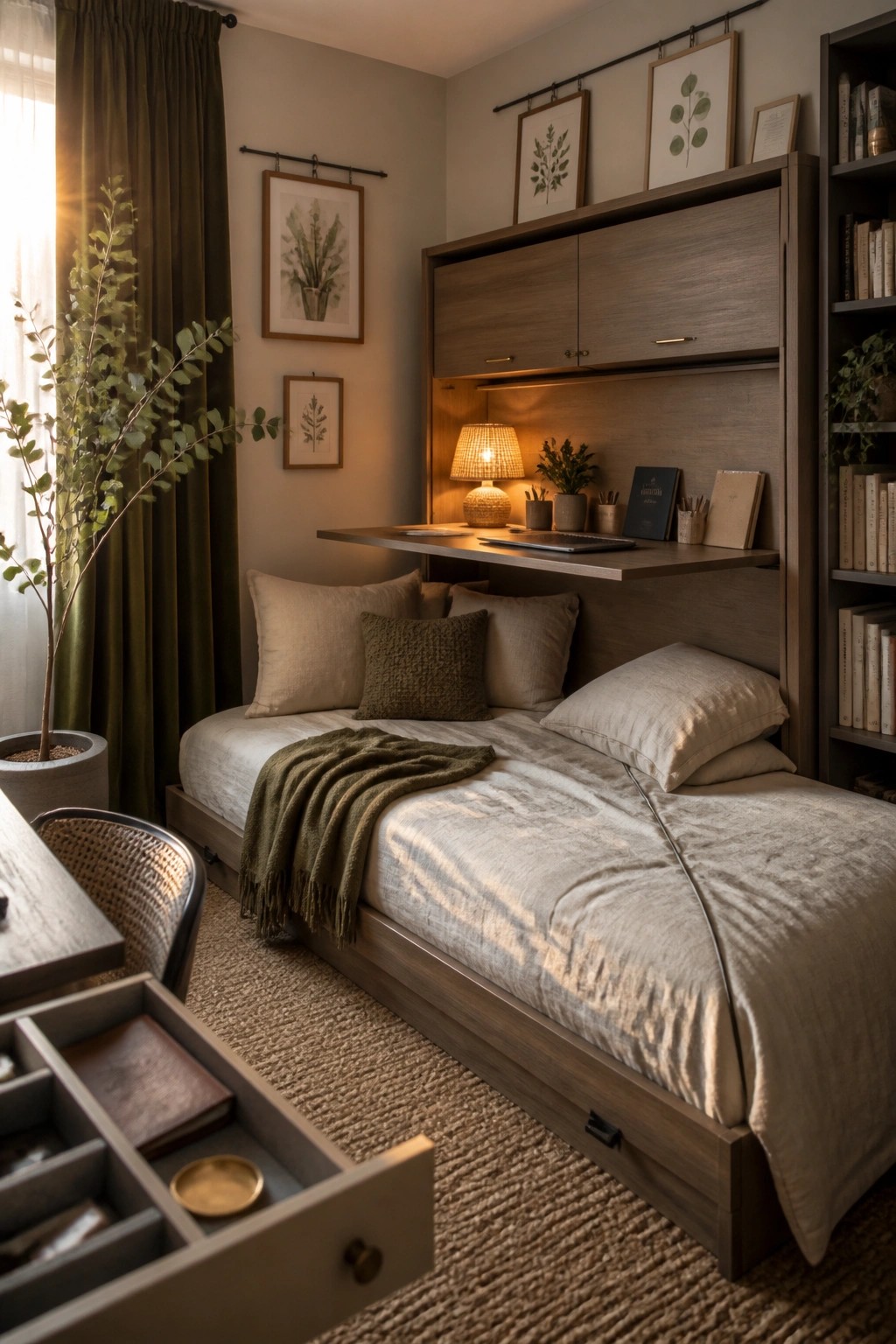 A small room with a daybed, pull-out shelf desk above it, bookshelves, plants, and framed botanical prints on a neutral wall.