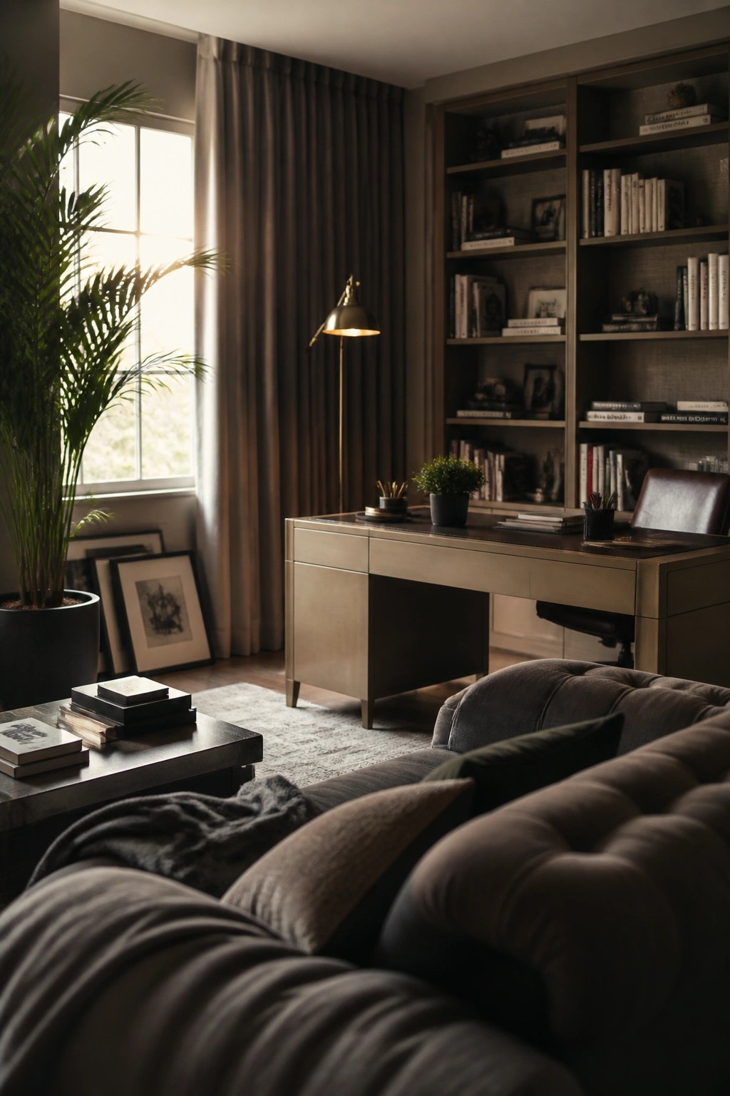 A home office with a large tufted sofa in the foreground, a wooden desk and chair, built-in bookshelves filled with books, and a tall potted palm near a window with curtains.