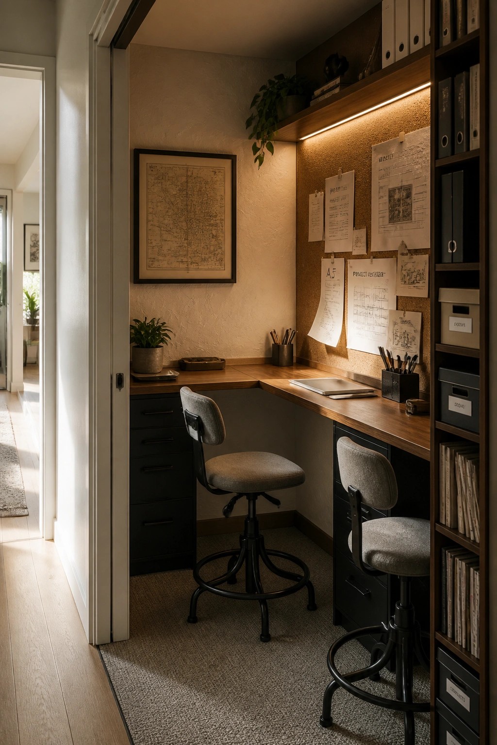 A narrow home office corner with an L-shaped wooden desk, two gray stools, a corkboard covered in papers, and dark built-in shelves on the right.