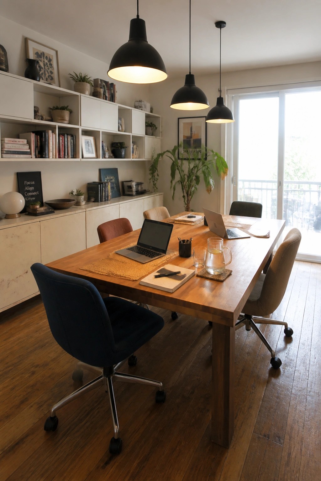 A long wooden table set with laptops and notebooks, surrounded by office chairs in a room with white built-in shelves.