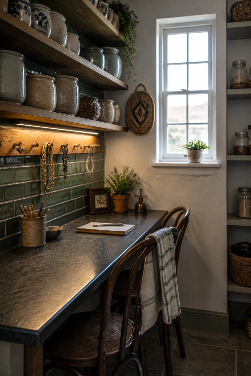 A long dark countertop table with wooden chairs along one side, open wooden shelves holding ceramic jars above, green tile backsplash, and a window to the right.