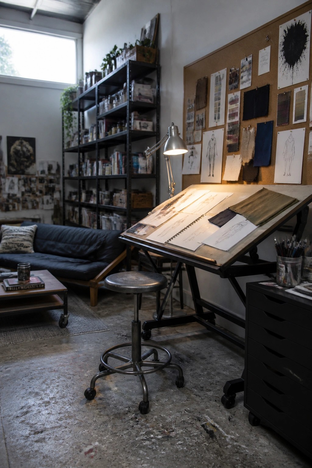 An interior view of a creative workspace with a large angled drafting table lit by a task lamp, a metal stool in front, and a corkboard covered in sketches and fabric swatches on the wall.