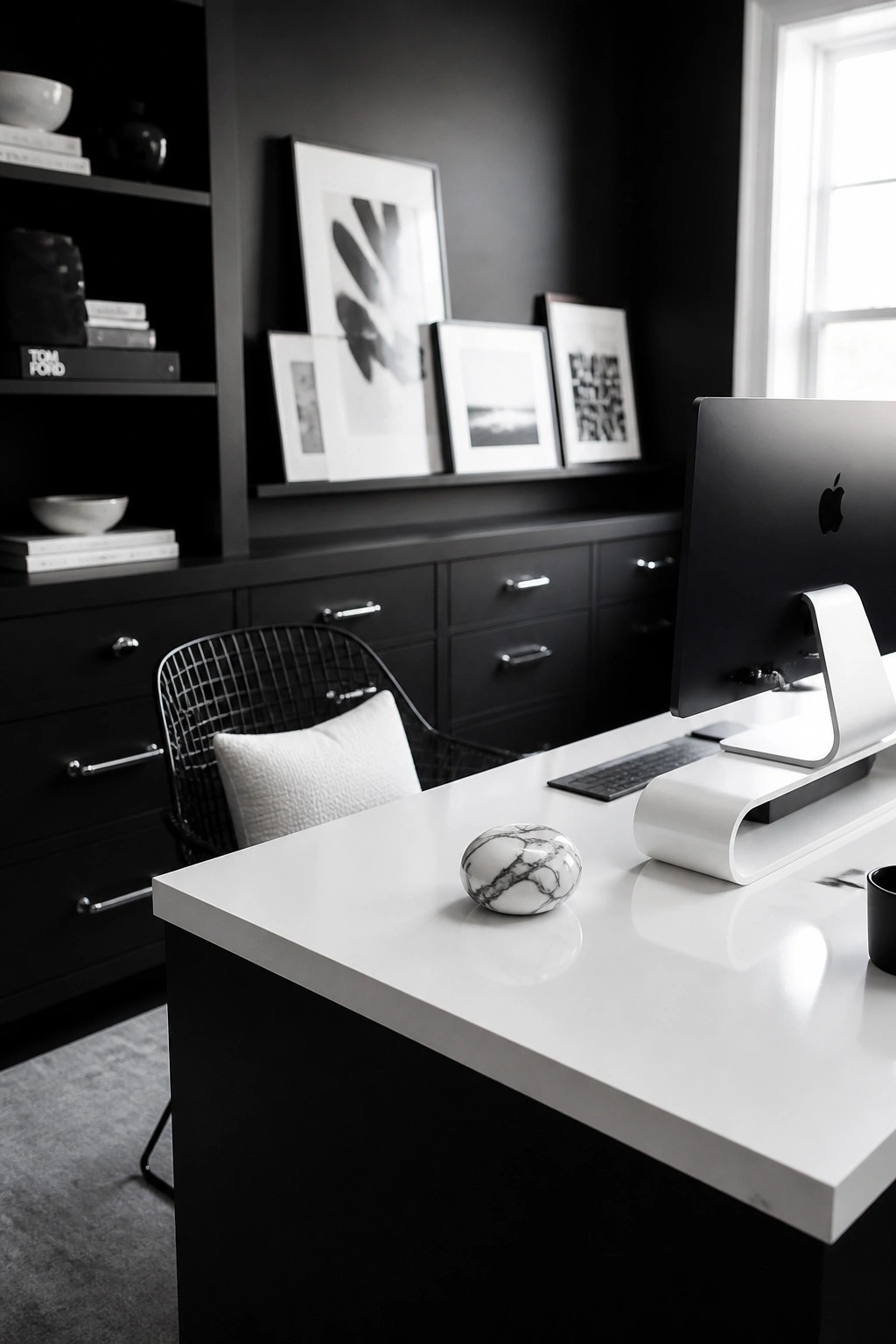 A modern home office featuring a white desk against black built-in cabinetry and shelving, with a computer monitor and wire chair.
