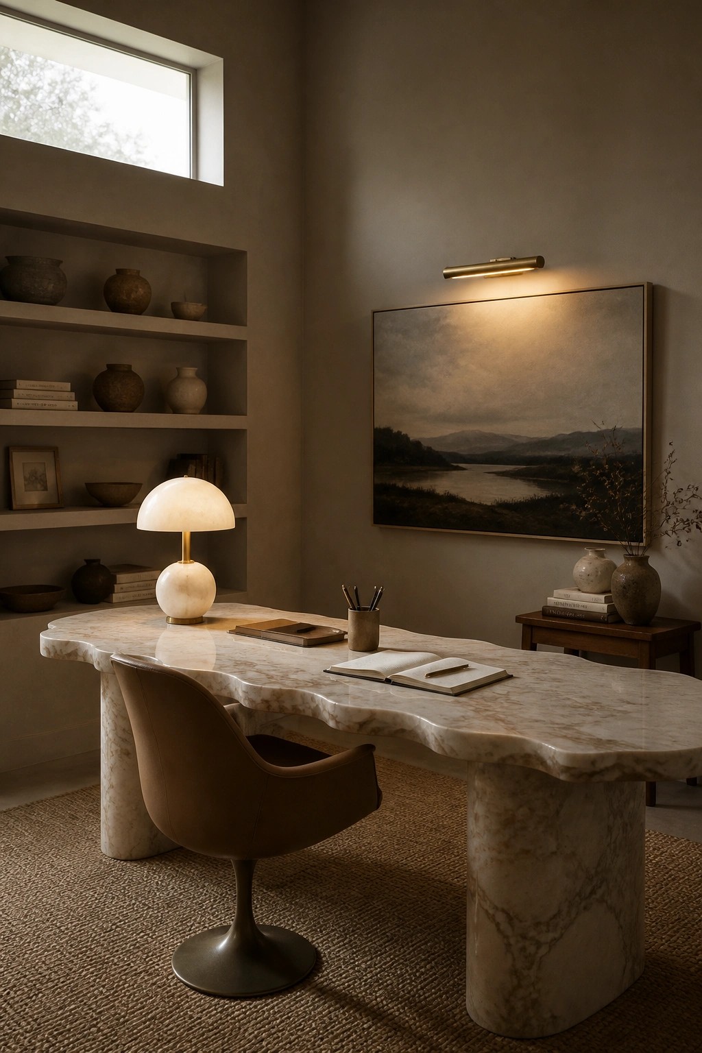 A modern home office with a large irregular marble desk, brown leather swivel chair, built-in wall shelves holding pottery and books, a marble table lamp, and a large landscape painting on the wall.
