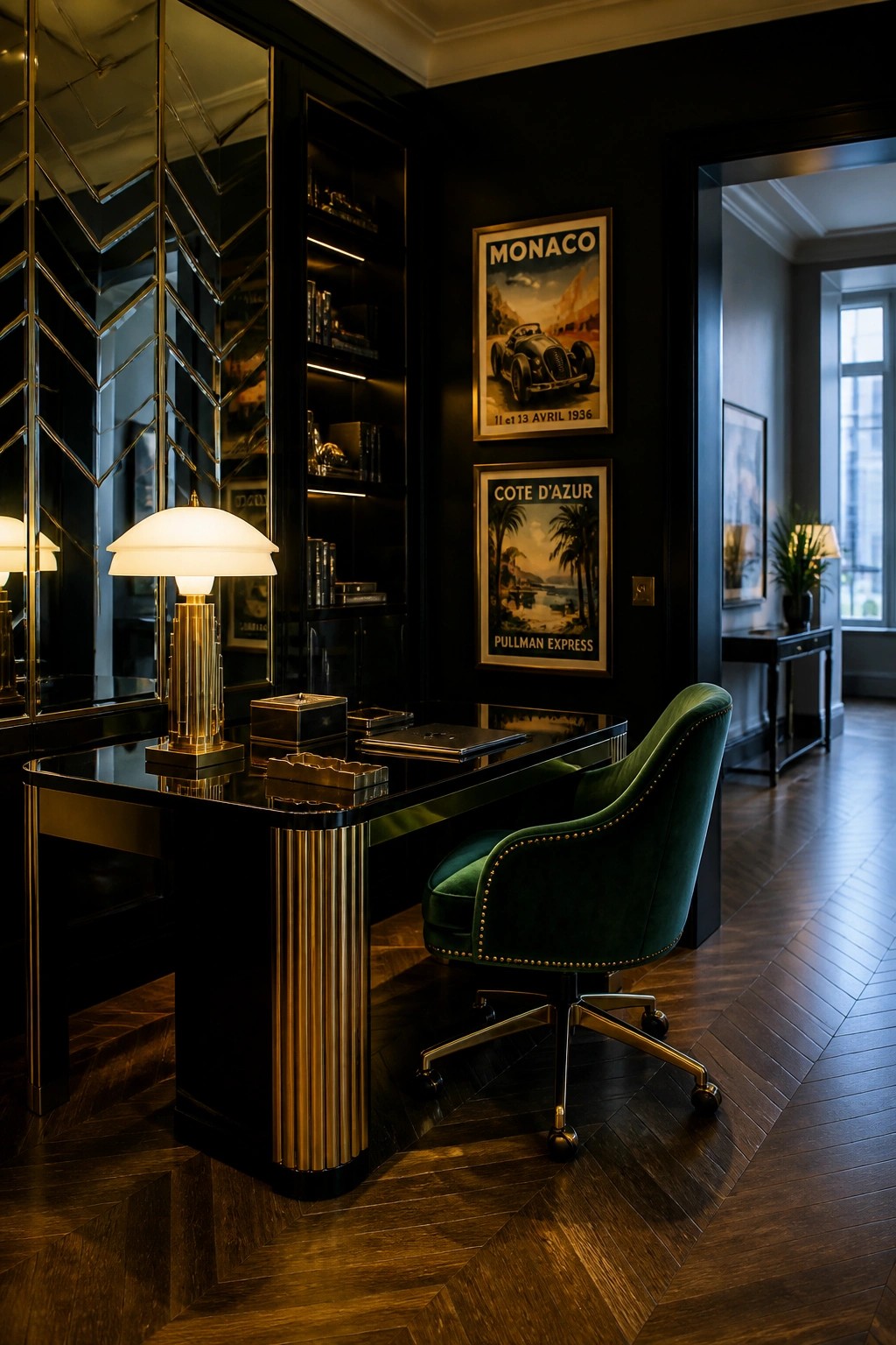 A home office featuring black walls, a glossy black desk with gold accents, a green velvet office chair, and two vintage travel posters above the desk.
