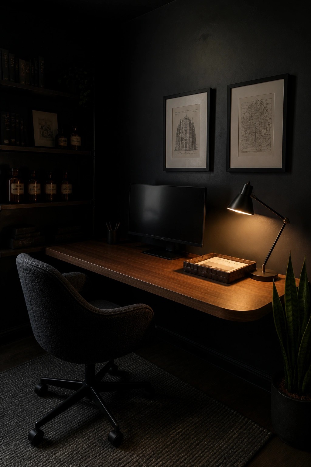 Dark wooden desk with lit lamp, monitor, black chair, and wall art