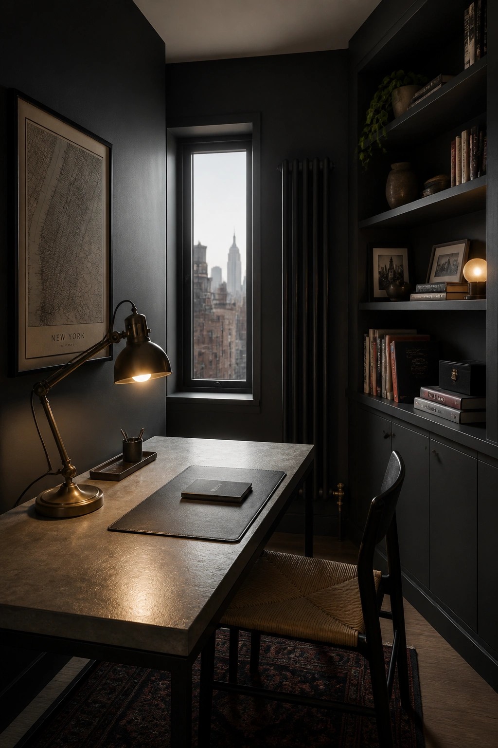 A small home office with dark gray walls, a concrete desk under a window, a lit desk lamp, built-in dark shelving filled with books, and a woven chair on a patterned rug.