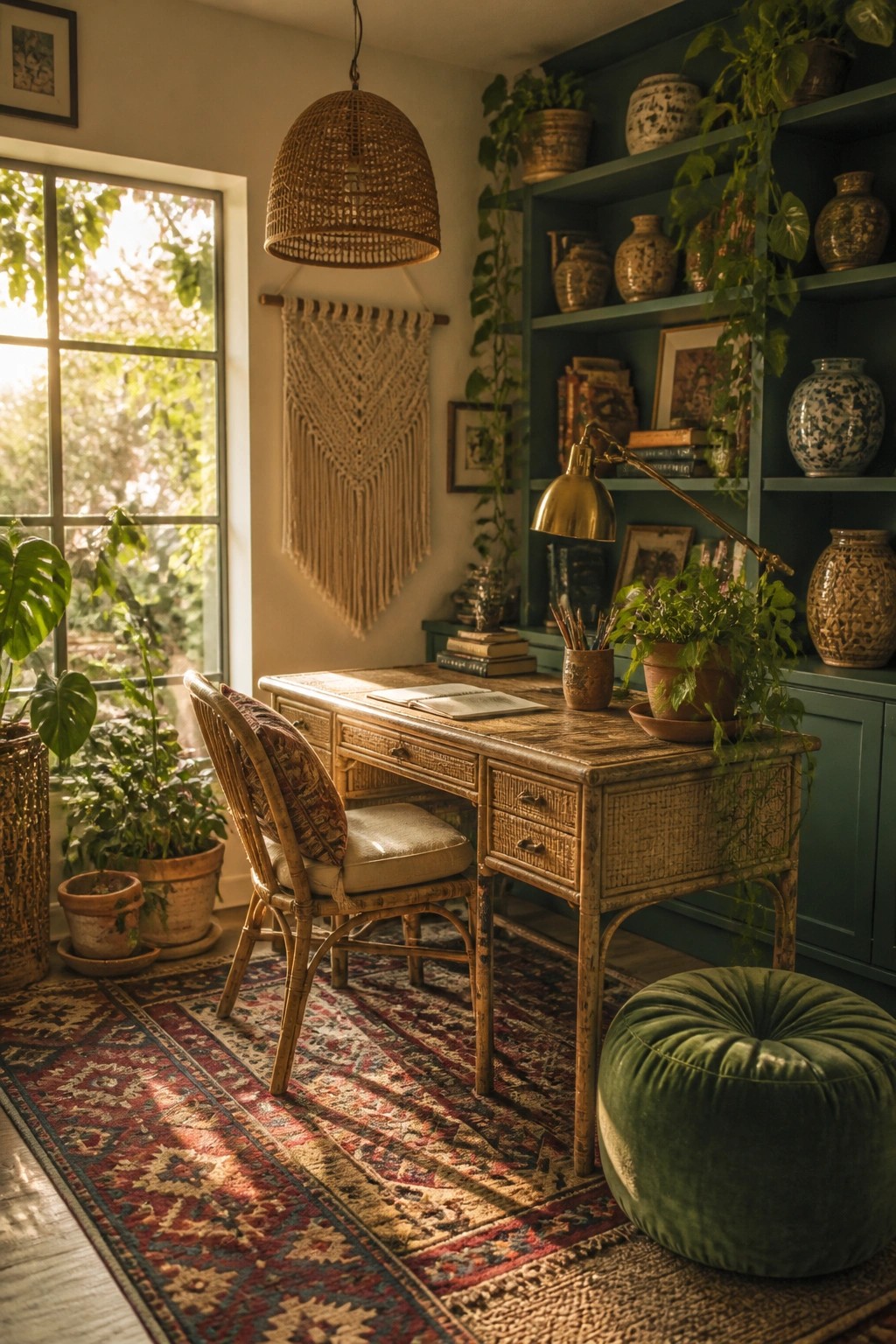 A wooden desk with a rattan chair sits in front of teal built-in shelves filled with plants, books, and pottery, next to a large window with sunlight.