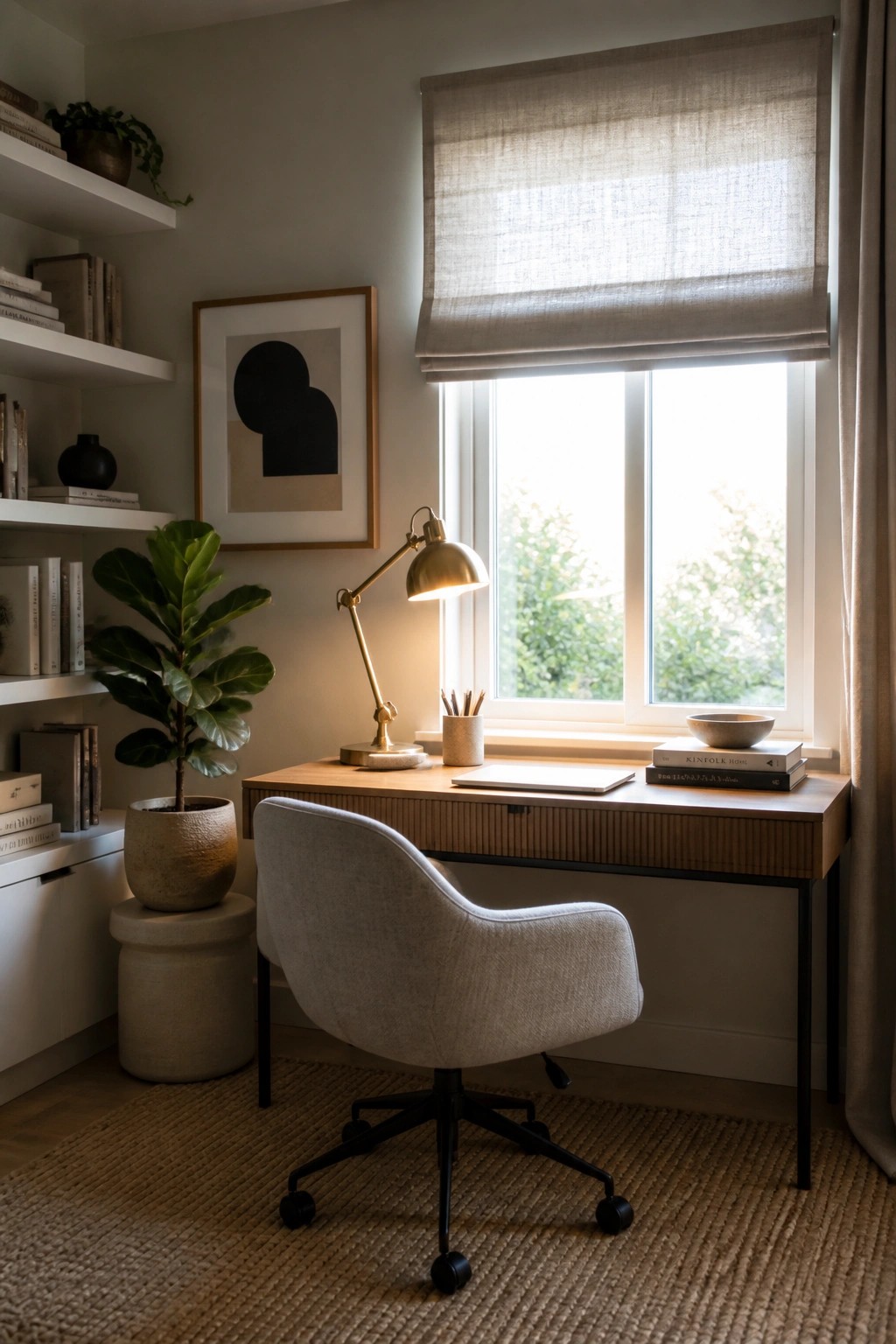 Minimalist wooden desk with lit brass lamp, swivel chair, and fiddle-leaf fig by window.