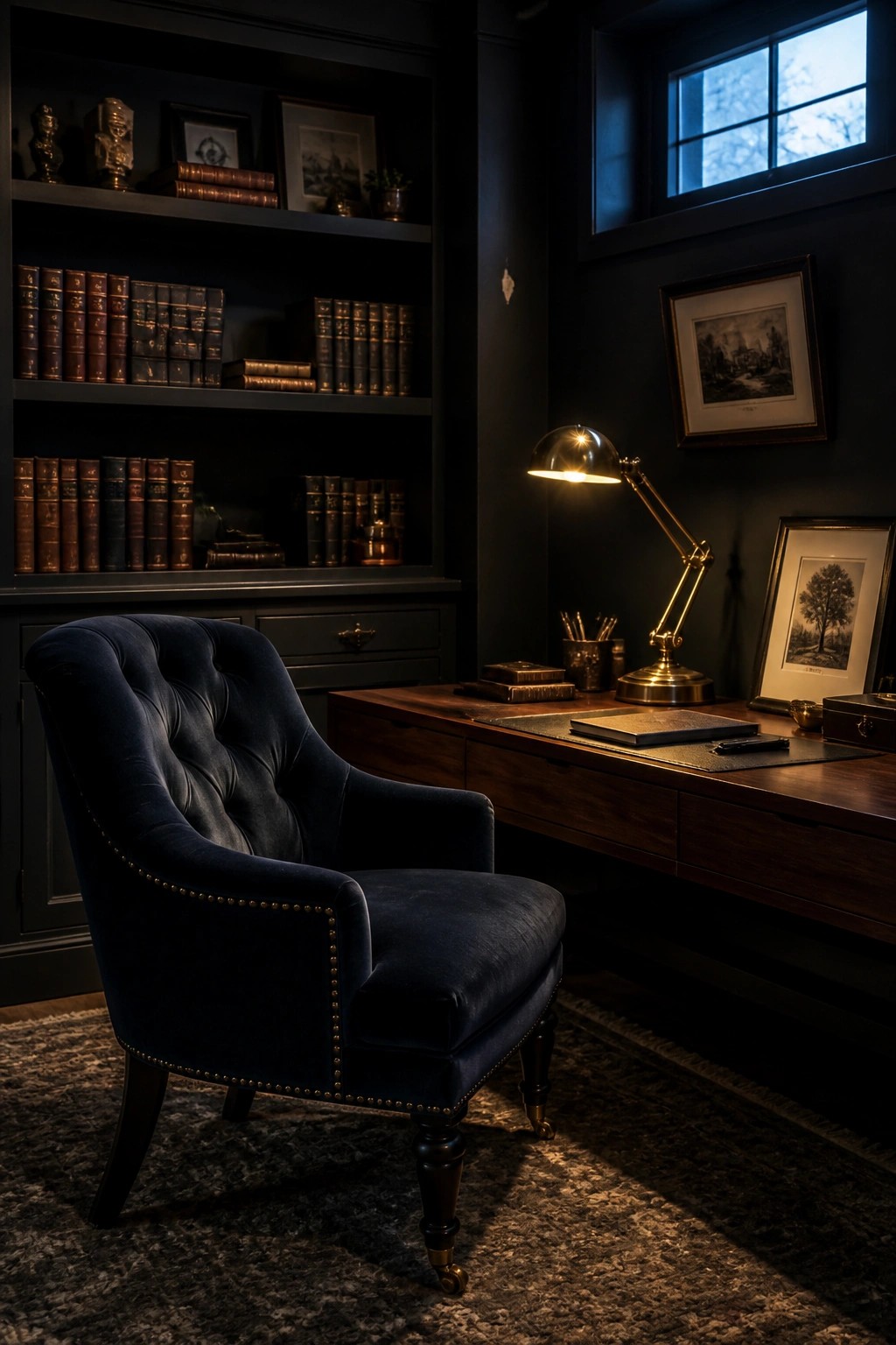A dark blue tufted velvet armchair on a rug faces a wooden desk with a lit brass lamp, while dark built-in bookshelves filled with books line the wall behind.