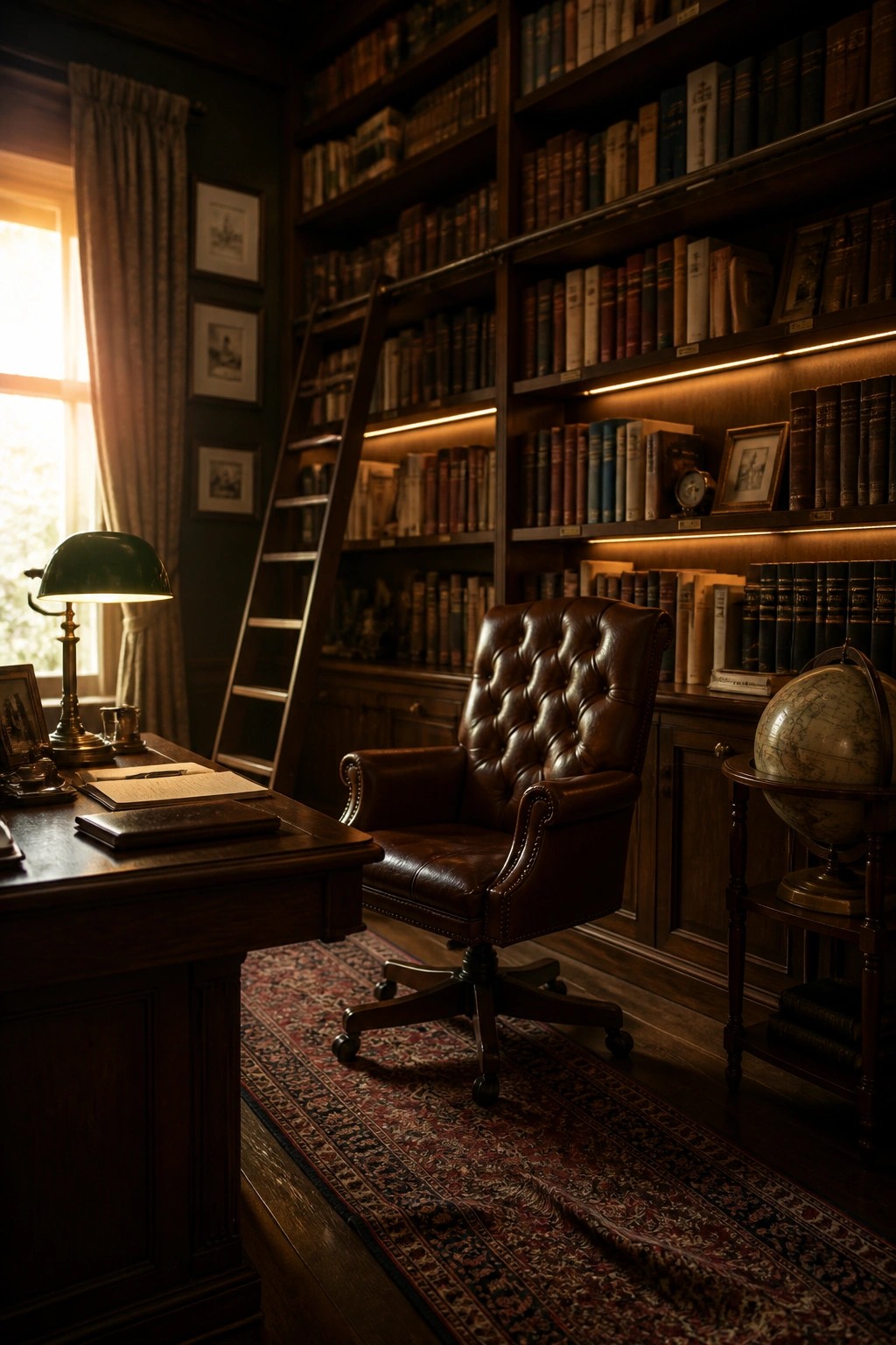 A dimly lit home office featuring dark wood built-in bookshelves filled with books, a brown leather swivel chair on a patterned rug, a wooden desk with a green lamp, and a globe on a stand.