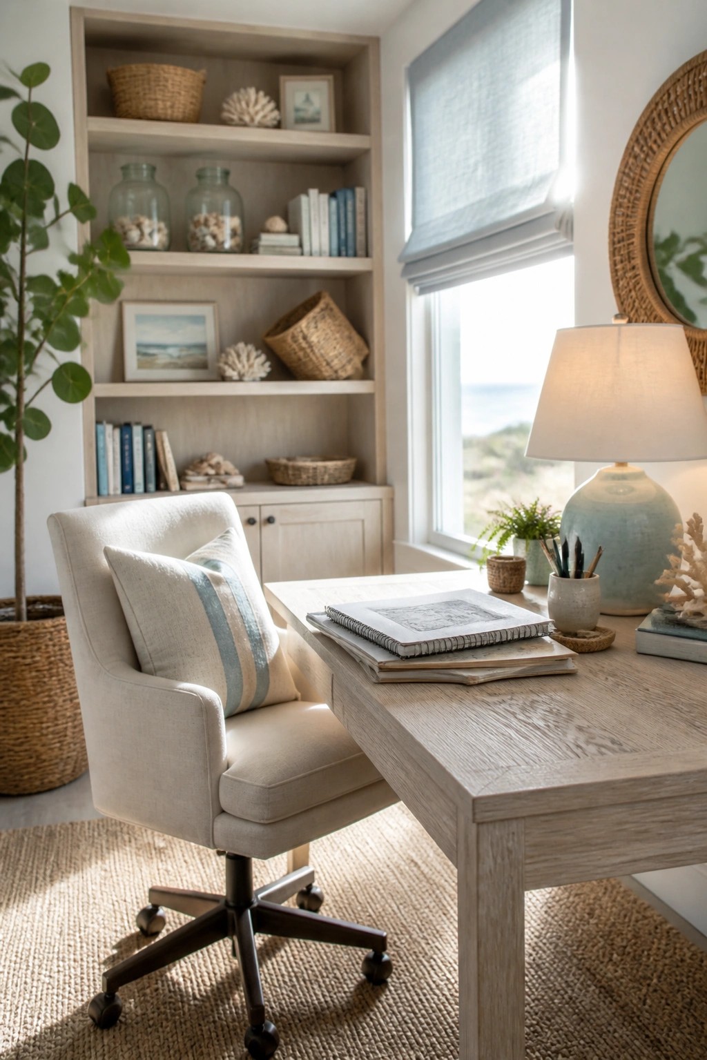 A light wood home office desk with a swivel chair faces built-in shelves holding books, baskets, and glass jars beside a window with a rolled shade.