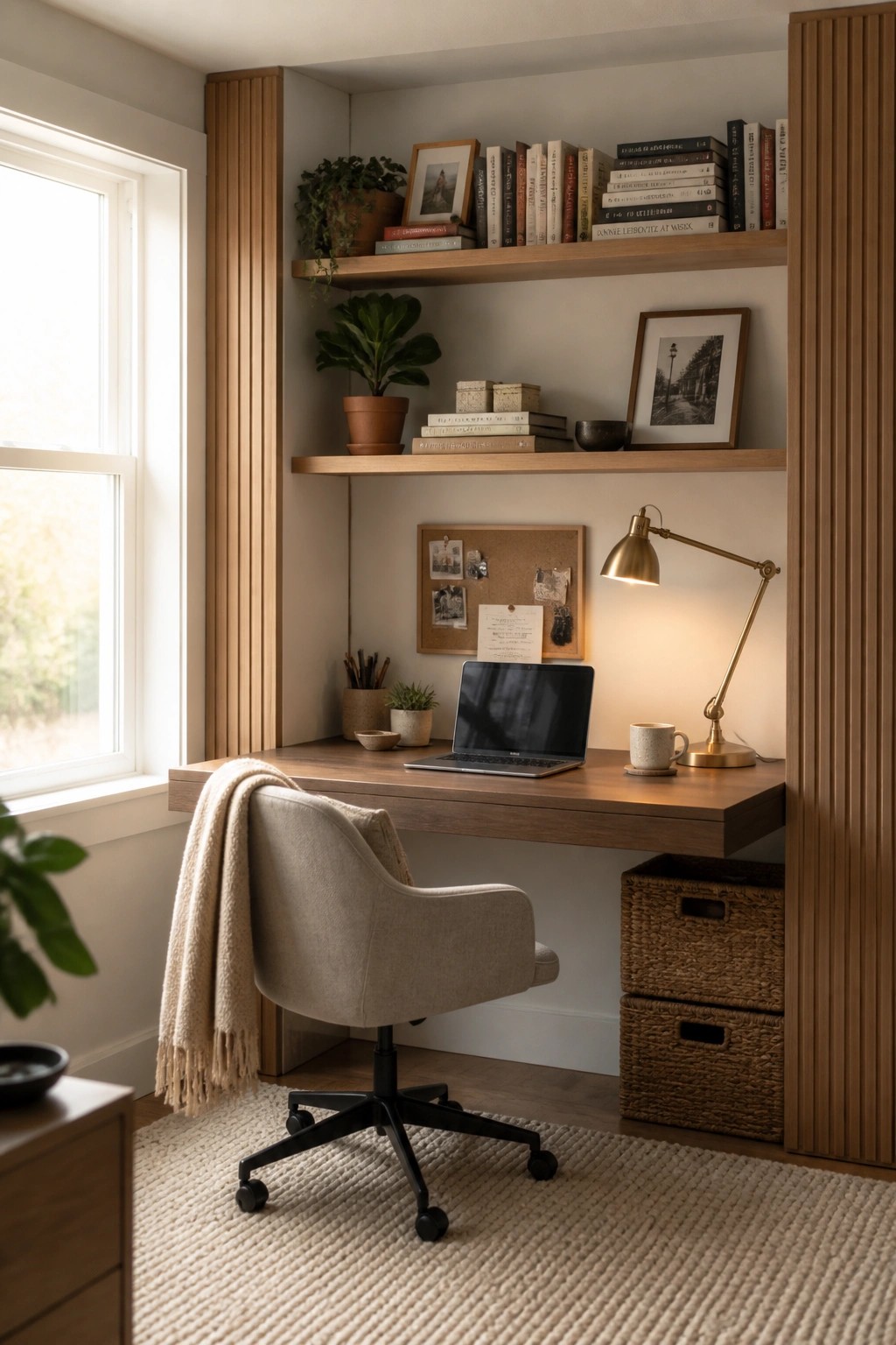 A corner home office with a wooden floating desk, two wooden shelves above holding books and plants, a beige office chair, a lit brass desk lamp, and woven storage baskets underneath.