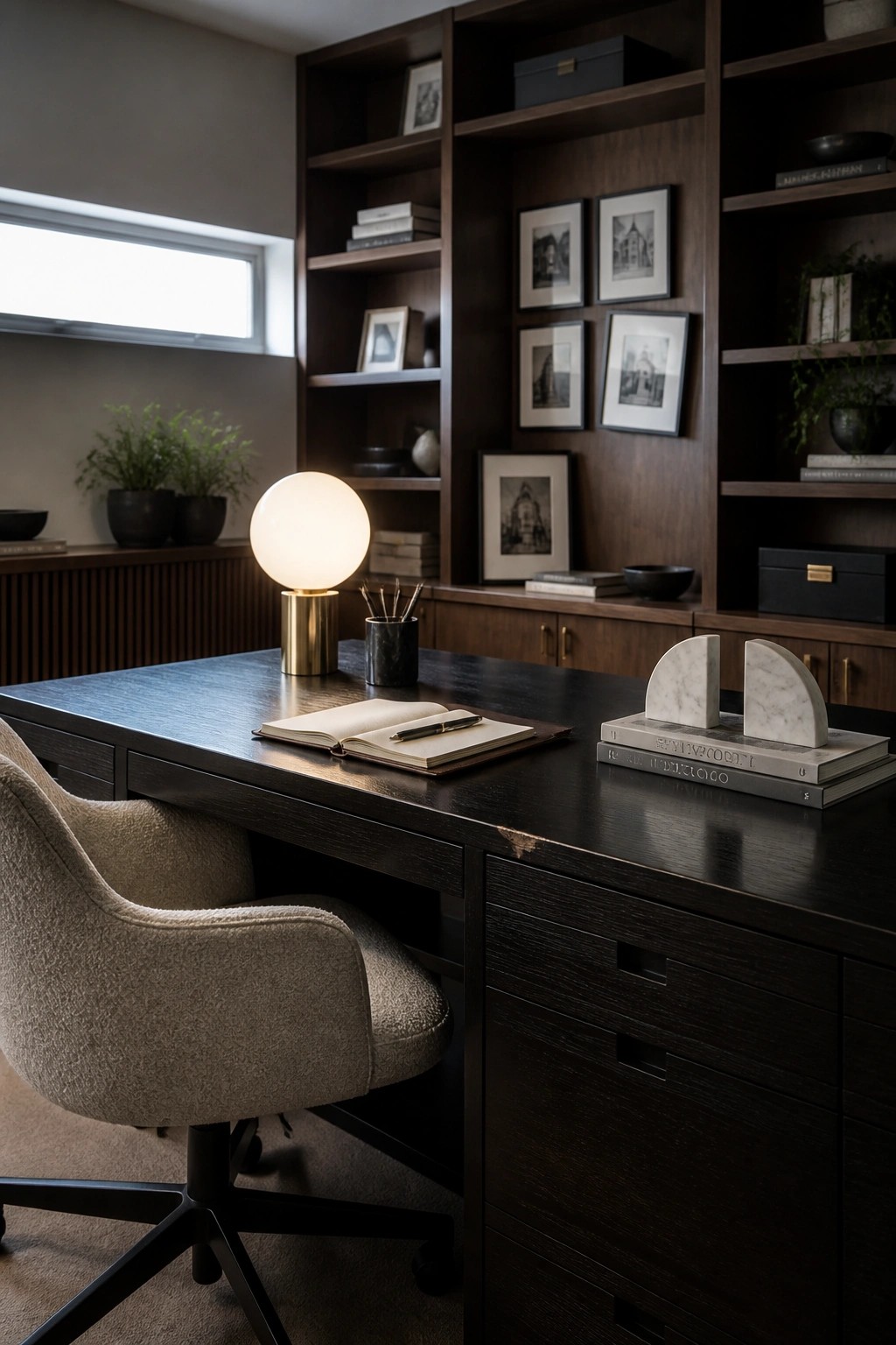 A dark wood home office desk with built-in shelving behind it holding books and framed pictures, a glowing spherical lamp on the desk, an open notebook, and a beige upholstered office chair.