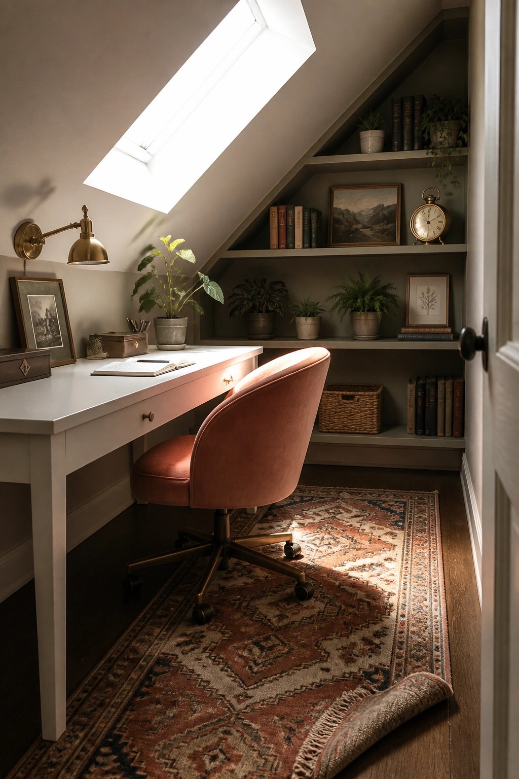 An attic office with a white desk, terracotta office chair, patterned rug, and built-in shelves filled with books and plants under a skylight.