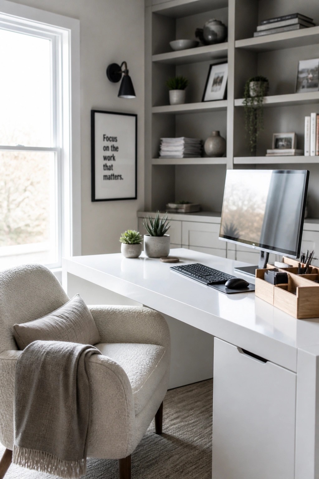 A home office with a white desk, computer monitor, and beige upholstered chair positioned in front of gray built-in shelving units holding books, plants, and framed items.