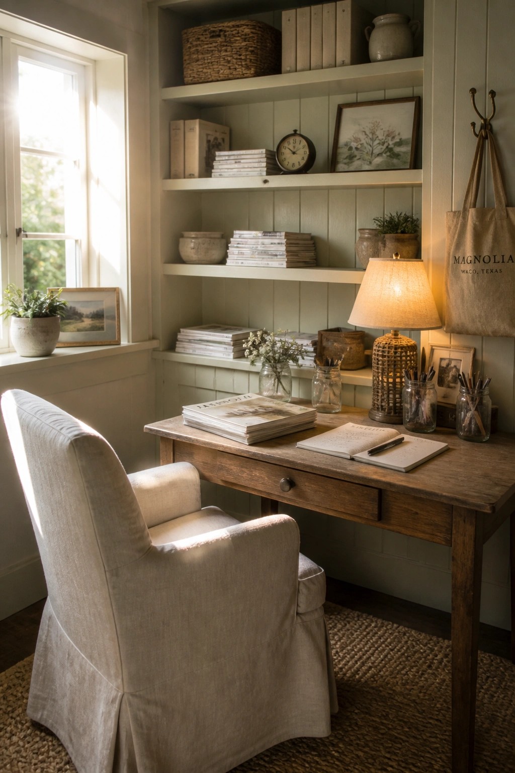 A home office with a wooden desk, slipcovered armchair, built-in shelves holding books and items, and a lit table lamp.