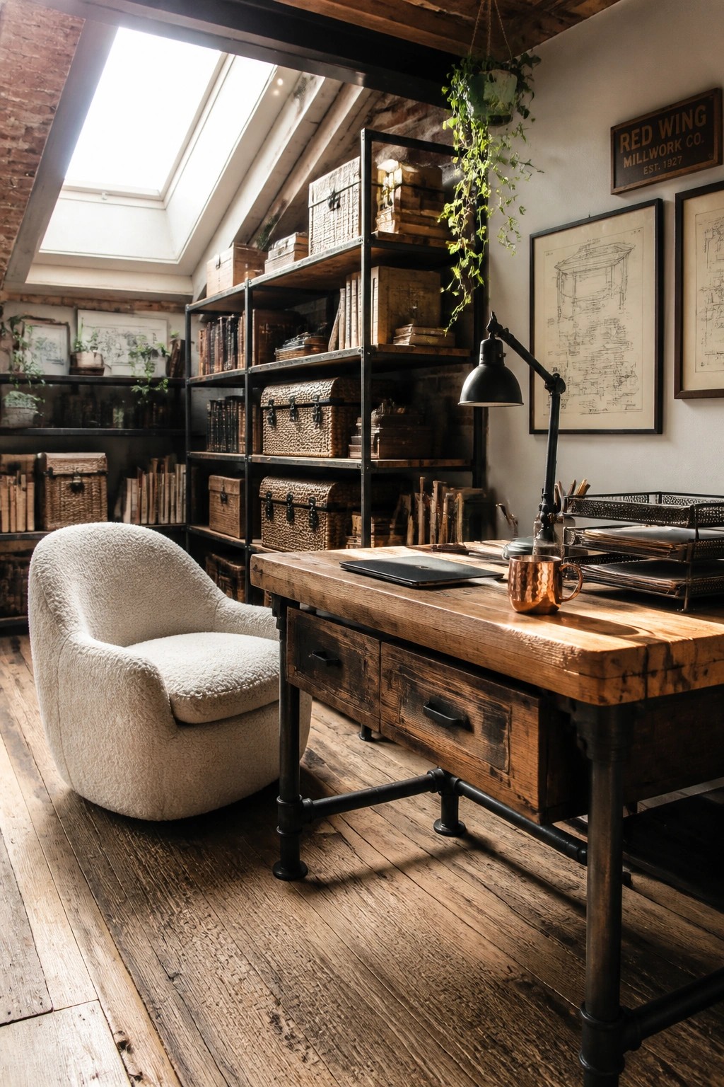 A home office featuring a large wooden desk, black metal open shelving filled with books and storage boxes, a white upholstered chair, and a skylight overhead.